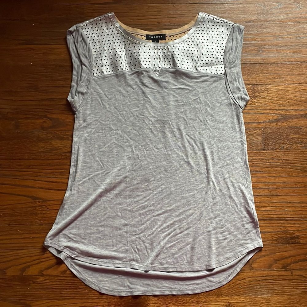 Trouvé Gray Tee with Silver Geometric Faux Leather Yoke